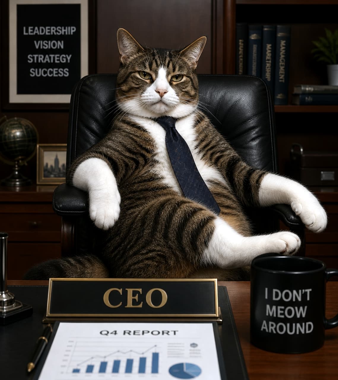 「今日の業務はこれにて終了!💼貫禄たっぷりのCEO猫様に報告しなきゃ📝✨」A tabby and white cat wearing a tie, sitting leaning back in a leather chair at a CEO desk. Ultra-realistic high-quality photograph. ネクタイを締めたキジトラ白猫が、CEOのネームプレートが置かれた社長デスクの革張りチェアにふんぞり返って座っているユーモラスな写真