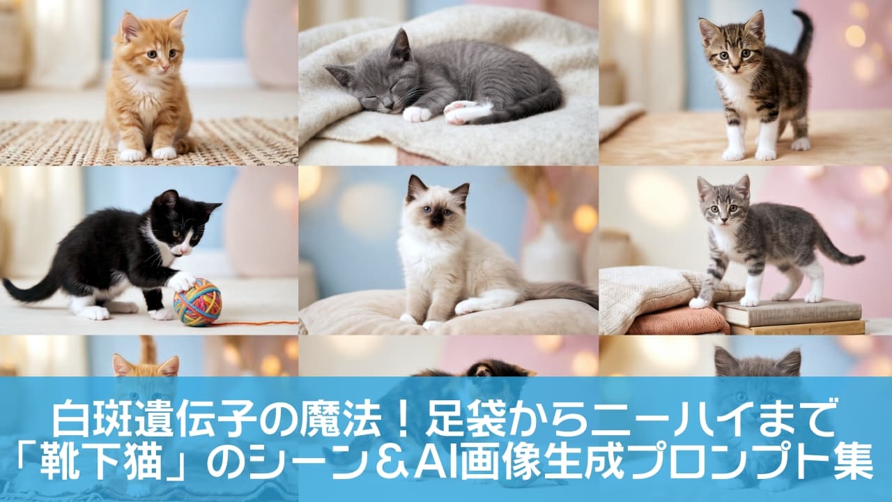 「足袋、アンクル丈、ハイソックス…🧦🐾 いろんな長さの「白い靴下」を履いた子猫ちゃんたちの特大詰め合わせです🎁✨ みんな違ってみんな可愛い！あなたはどの子の靴下柄が一番お好みですか？🥺💕 #靴下猫 #子猫 #白足袋猫 #ソックス猫 #猫の柄」A 3x3 high-quality cinematic collage photograph featuring various kittens with white paws (sock patterns). The kittens, including ginger, grey, tuxedo, and calico, are shown sitting, sleeping, and playing with toys. The image highlights their different white sock patterns, such as tabi, ankle socks, and knee-highs, set against a soft pastel background. パステルカラーの背景で撮影された、足先に白い模様がある「靴下猫」の子猫たちの3行3列のコラージュ写真。茶トラ、グレー、黒白、三毛など様々な柄の子猫が、座ったり、寝転んだり、おもちゃで遊んだりしている。それぞれの子猫の足元の白い模様（足袋、アンクルソックス、ハイソックス風など）の違いが楽しめる高画質画像