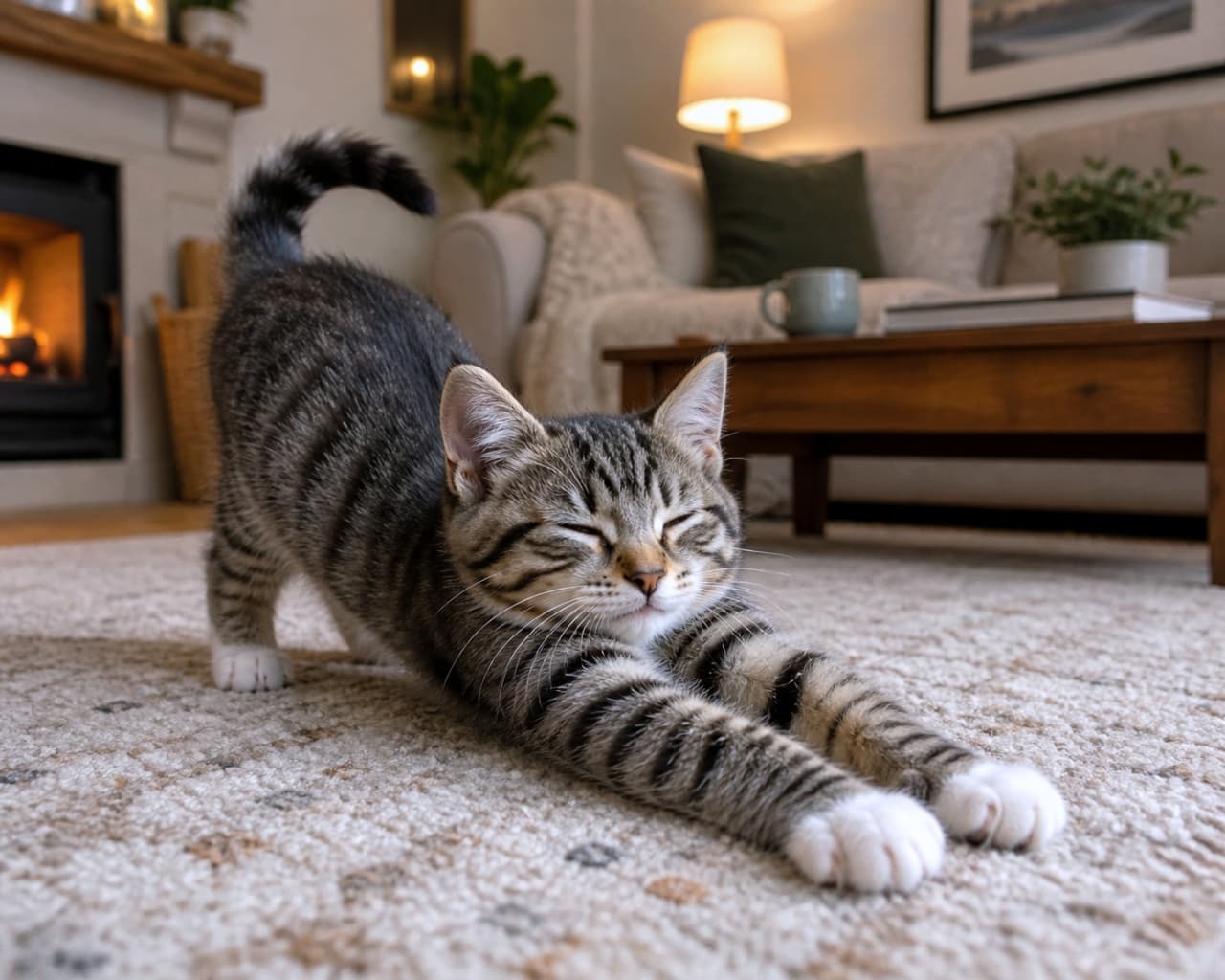 「う〜ん、気持ちいいニャ〜🐈💤 暖かい暖炉の前のふかふかラグで、極上のリラックスタイムを満喫中🔥✨」Ultra-realistic high-quality photograph of a tabby kitten stretching comfortably with its eyes closed on a soft rug in a cozy living room with a glowing fireplace in the background. 暖炉に火が灯る暖かそうなリビングルームのふかふかしたラグの上で、目を細めて気持ちよさそうに大きく前へ伸びをするキジトラの子猫