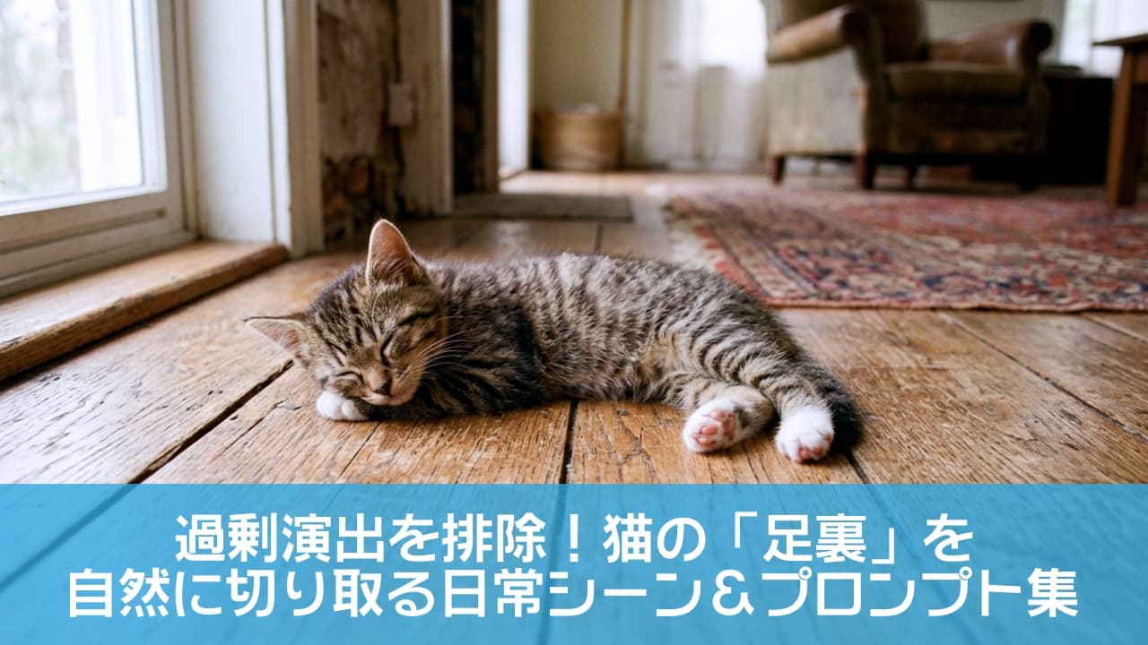 「広々フロアをひとり占め！子猫の寝姿に、見てるこっちまで眠くなっちゃう...癒やしの連鎖🌿🐾」Ultra-realistic high-quality photograph of a kitten resting on a wide wooden floor. A candid wide shot capturing natural light and a cozy interior background with vintage furniture. 広々としたリビングのフローリングで横になる子猫のワイドショット。窓からの明るい光が差し込み、背景にはアンティークな椅子やラグが映り込む、奥行きと温かみのあるアナログ写真風の構図