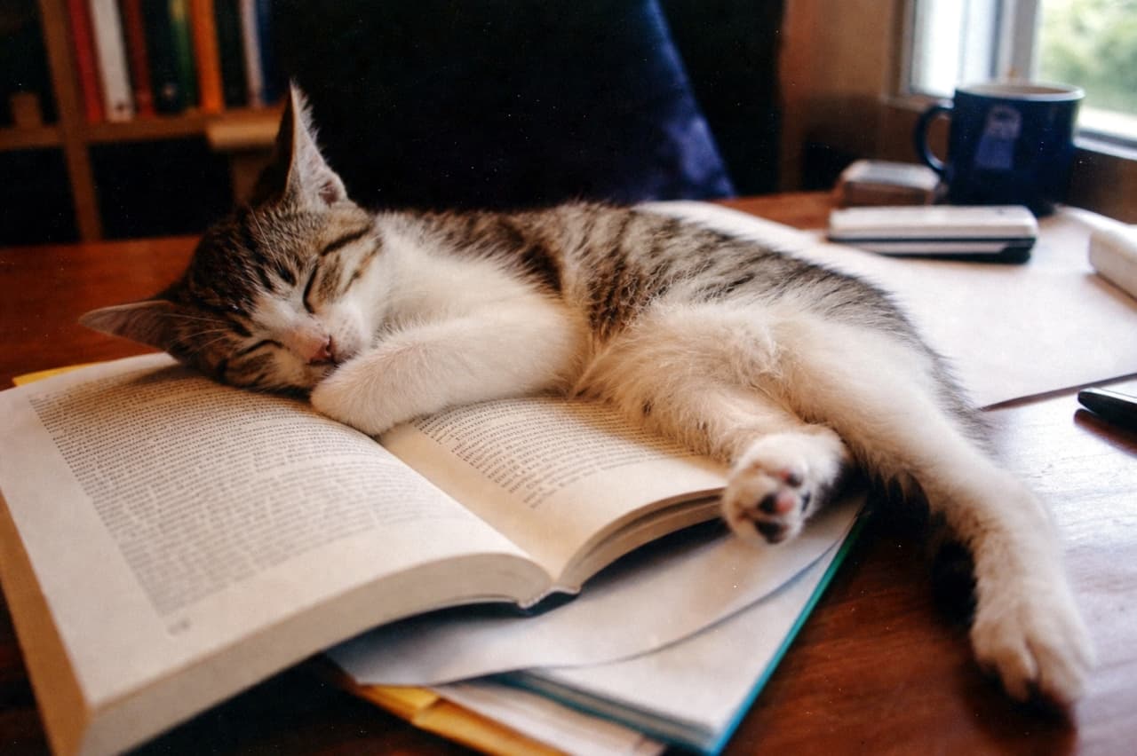 「読書中にお邪魔しちゃった？📚本の上で夢の中な子猫ちゃんに癒やされる〜🐈✨ #猫のいる暮らし #お昼寝」Ultra-realistic high-quality photograph of a tabby and white kitten sleeping soundly on an open book on a wooden desk. Soft, warm lighting highlighting the delicate fur texture and the paper of the book. 木製のデスクの上で、開かれた本を枕にしてぐっすりと眠るキジ白の子猫。逆光気味の柔らかな光が子猫の繊細な毛並みと本の紙の質感を美しく照らし出している、非常にリアルで高画質な写真