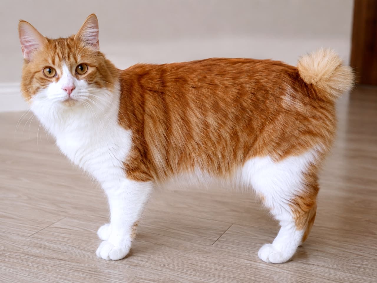 「優しい瞳で見つめてくれるクリリアンボブテイルちゃん🐈落ち着いた雰囲気のポートレートが素敵です🧡」Ultra-realistic high-quality photograph of an adult Kurilian Bobtail cat standing on a wooden floor, featuring its beautiful orange and white fur and bobtail. フローリングの上に立ち、カメラを見つめるクリリアンボブテイルの成猫。オレンジと白の美しい毛並みと、短い「ポンポン」のような尻尾が特徴的な写真