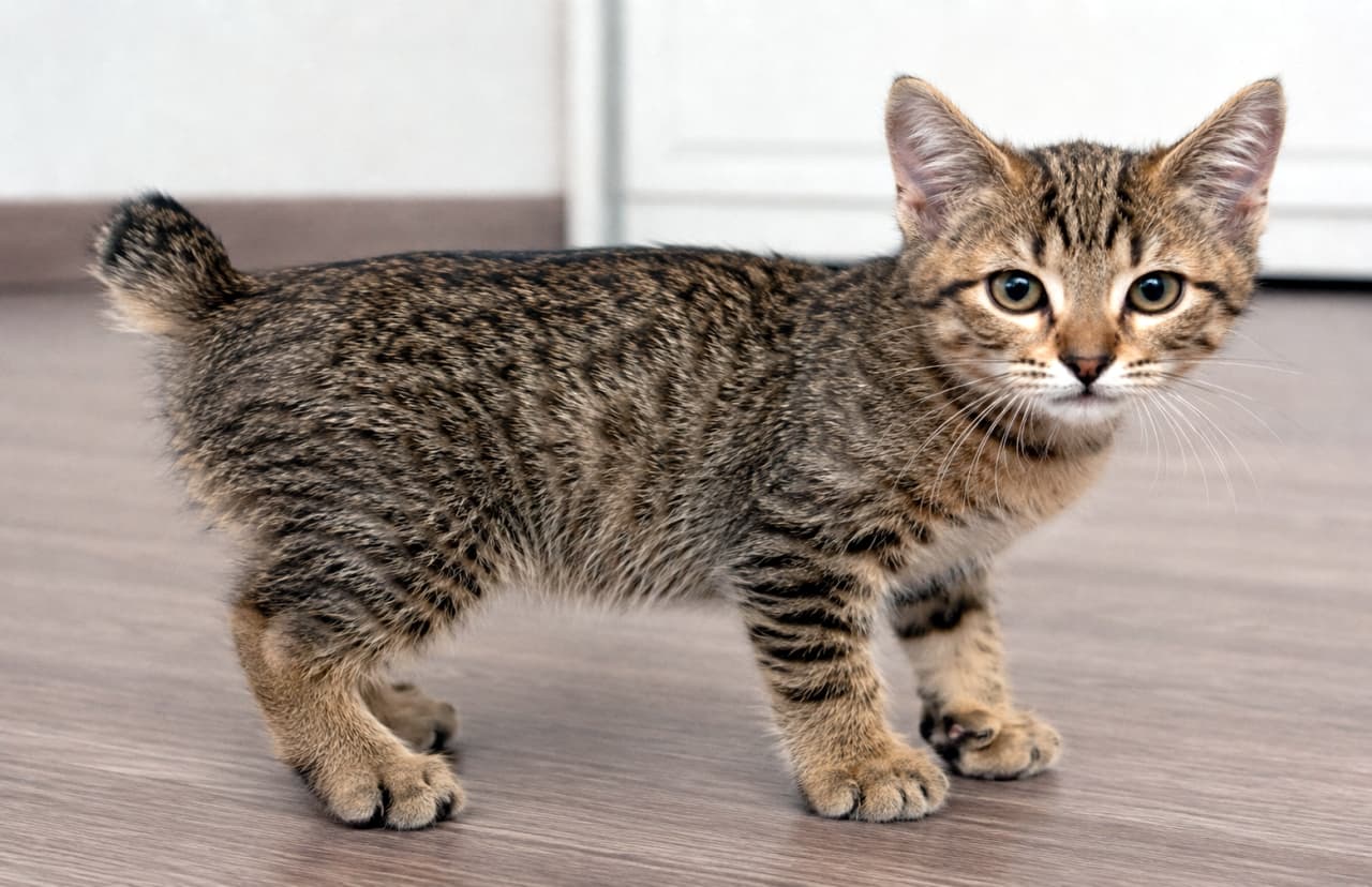 「短いシッポがチャームポイント!ピクシーボブちゃん登場🐾ワイルドだけど表情は甘えん坊?🐈✨」Ultra-realistic high-quality photograph of a Brown Spotted Tabby Pixie-bob kitten with a naturally short tail, standing and looking curious in an indoor setting. 室内でこちらを少し警戒しつつも興味深く見つめるピクシーボブの子猫。短い尻尾とワイルドなスポッテッドタビー模様が特徴