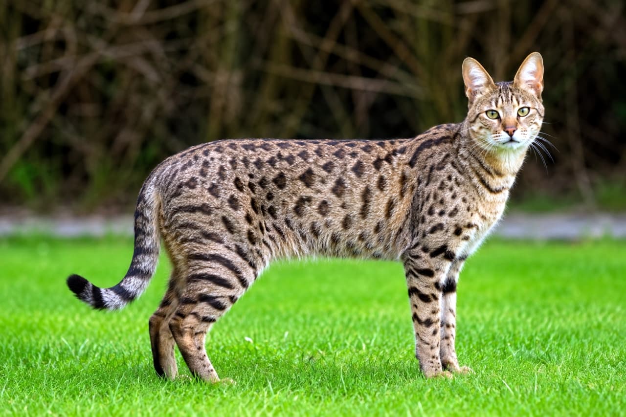 「まるでミニチュアのヒョウ!🐆 草原に立つサバンナキャットの姿は、息を呑むほどワイルドでかっこいい✨🐈」Ultra-realistic high-quality photograph of a majestic Savannah cat standing in a lush green field, highlighting its exotic leopard-like coat. 鮮やかな緑の芝生の上に立つ、美しい斑点模様を持つサバンナキャット。背景のボケ味が被写体を際立たせる屋外ショット