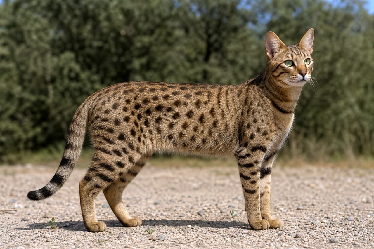 「砂利道を颯爽と歩くサバンナキャット🐆✨野性味あふれる斑点模様と、スラッとした立ち姿が最高にかっこいい!モデルさんみたいだね💖」A full-body side profile of a majestic Brown Spotted Tabby Savannah cat standing alert on a light-colored gravel path. The cat's coat features dense, dark spots and stripes against a golden-brown background, with each strand of fur showing realistic sheen. Its large ears and green eyes are focused towards the side, and the background consists of soft-focus green trees under natural daylight. 明るい色の砂利道の上に凛と立つ、ブラウン・スポッテッド・タビーのサバンナキャットの全身サイドプロファイルです。金褐色の地色に濃い黒の斑点と縞模様が広がる毛並みは、一本一本にリアルな光沢があります。大きな耳と緑色の瞳は傍らに向けられ、背景には自然光に照らされた木々が柔らかくぼかして描かれています