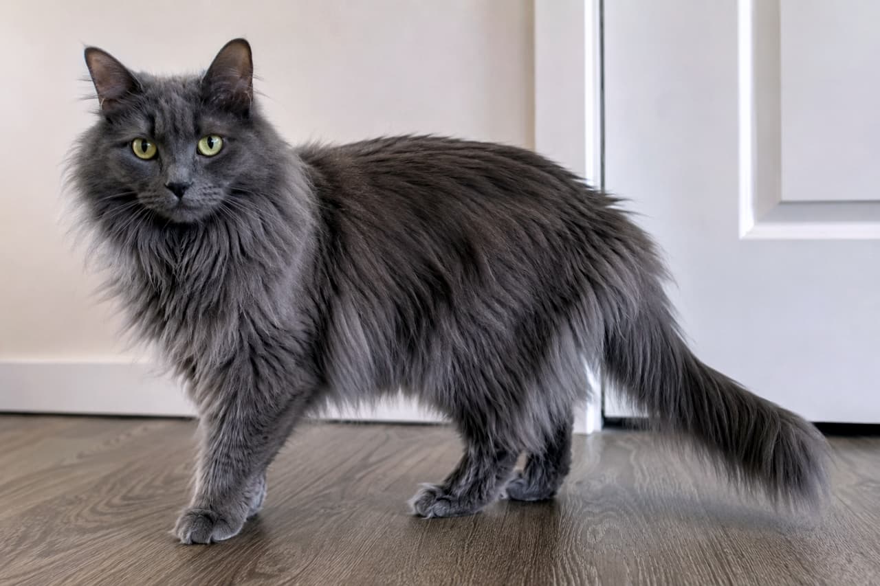「霧の猫、ネベロング様の美しさに脱帽!✨気品あふれる佇まいは、まさに動く芸術品ですね🐈⬛気高い…!」Ultra-realistic high-quality photograph of a magnificent Solid Blue Nebelung cat with long, shimmering blue-grey fur, standing elegantly in a well-lit interior. 木目の床の上で、穏やかな表情で立つ成猫のネベロング。深く美しいブルーグレーの長毛が全身を覆い、優雅な雰囲気を醸し出している