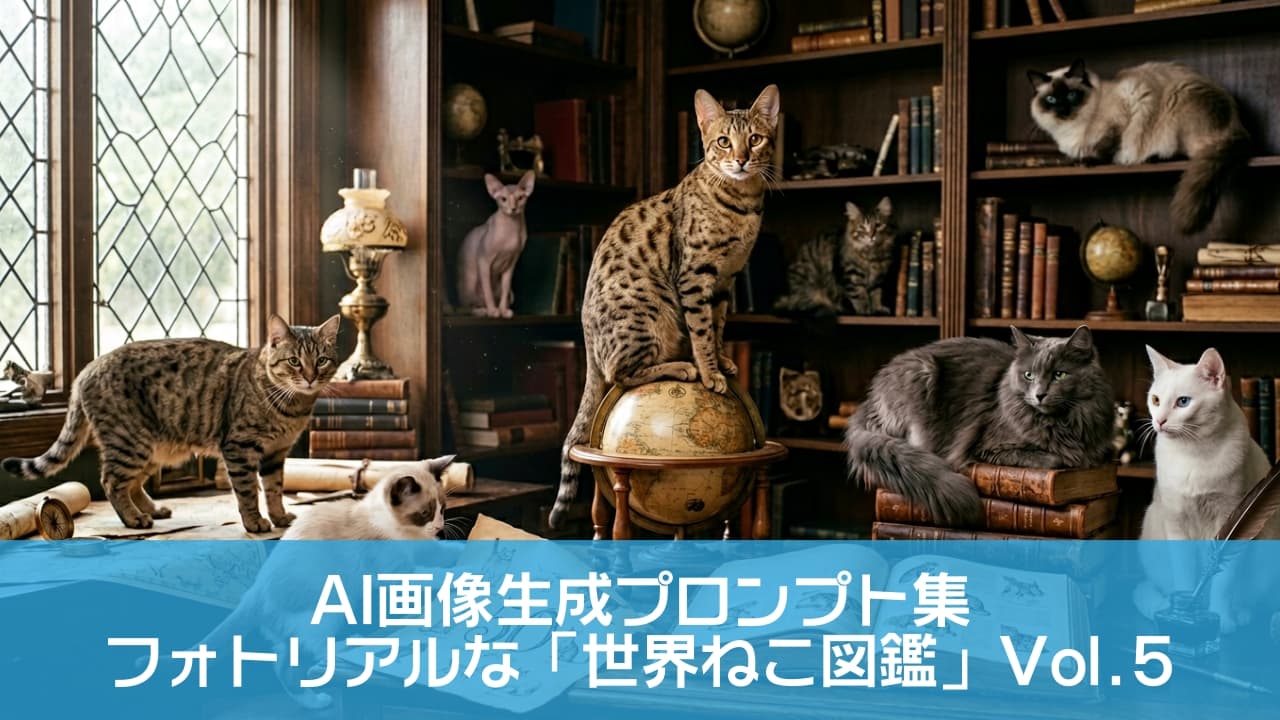 「ふむふむ、この羊皮紙には何が書かれているにゃ？📜🐾 窓からの光が優しい、知的な猫ちゃんたちの集会☕️📚 #アンティーク #猫会議」Ultra-realistic high-quality photograph of multiple elegant cats exploring an antique library bathed in soft window light, with a parchment scroll illustrating cat poses and thick books scattered on a wooden desk. 窓から柔らかな光が差し込むアンティークな書斎で、本棚や地球儀の周りにたたずむ複数の猫たち。机の上には広げられた猫のイラストが描かれた羊皮紙の巻物や、分厚い本が置かれている