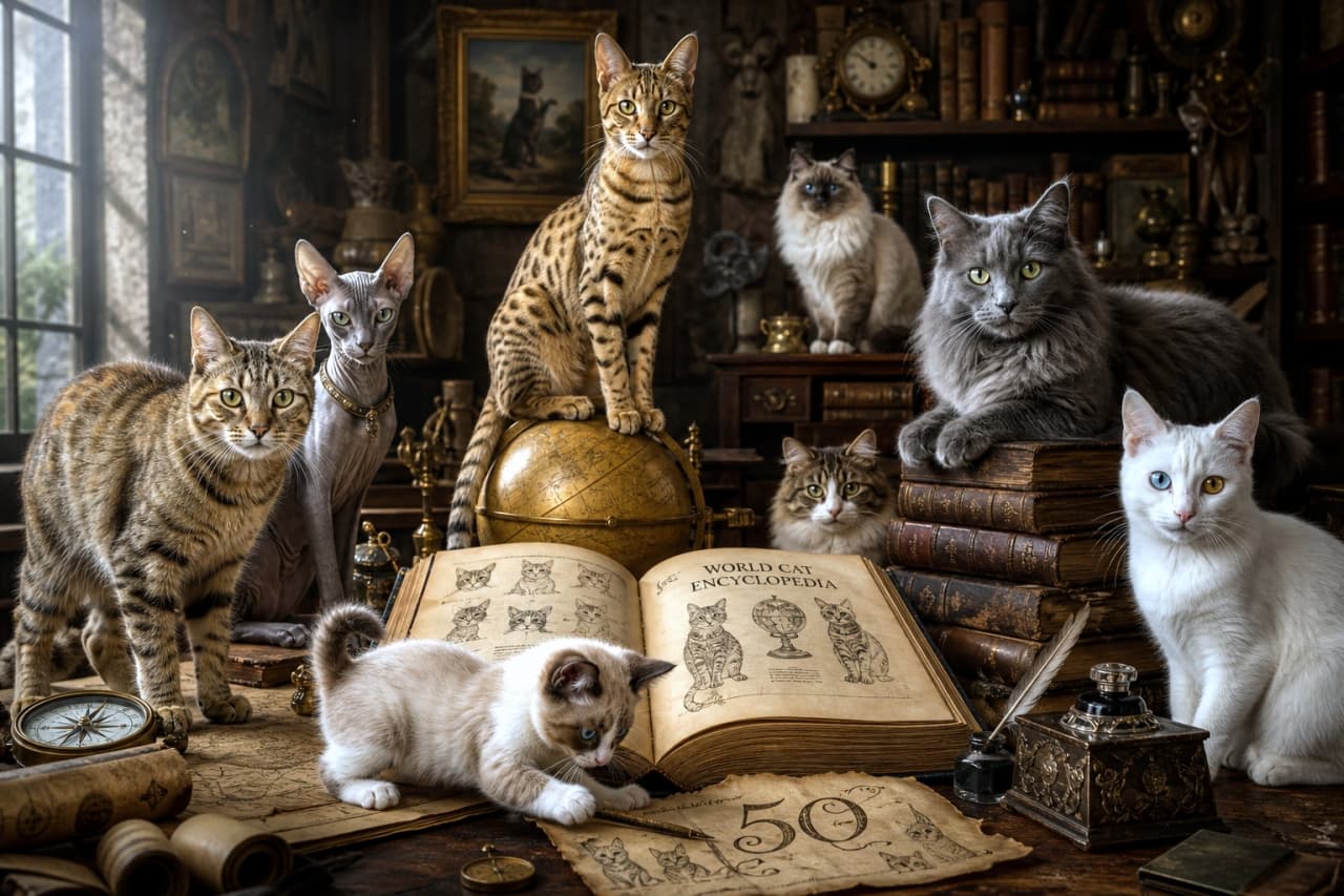 「猫の歴史をお勉強中にゃ?📚🌍 アンティークな書斎に大集合した、美しすぎる猫ちゃんたちに見惚れちゃう…✨🐈 #書斎 #猫のいる暮らし」Ultra-realistic high-quality photograph of various elegant cat breeds gathered in a classic, antique library filled with old books, with a "World Cat Encyclopedia" open in the center and a playful kitten touching a quill pen. アンティークな本棚や小物が並ぶ重厚な書斎に集まった、様々な品種の美しい猫たち。「WORLD CAT ENCYCLOPEDIA」という本が広げられており、手前では子猫が羽ペンで遊んでいる