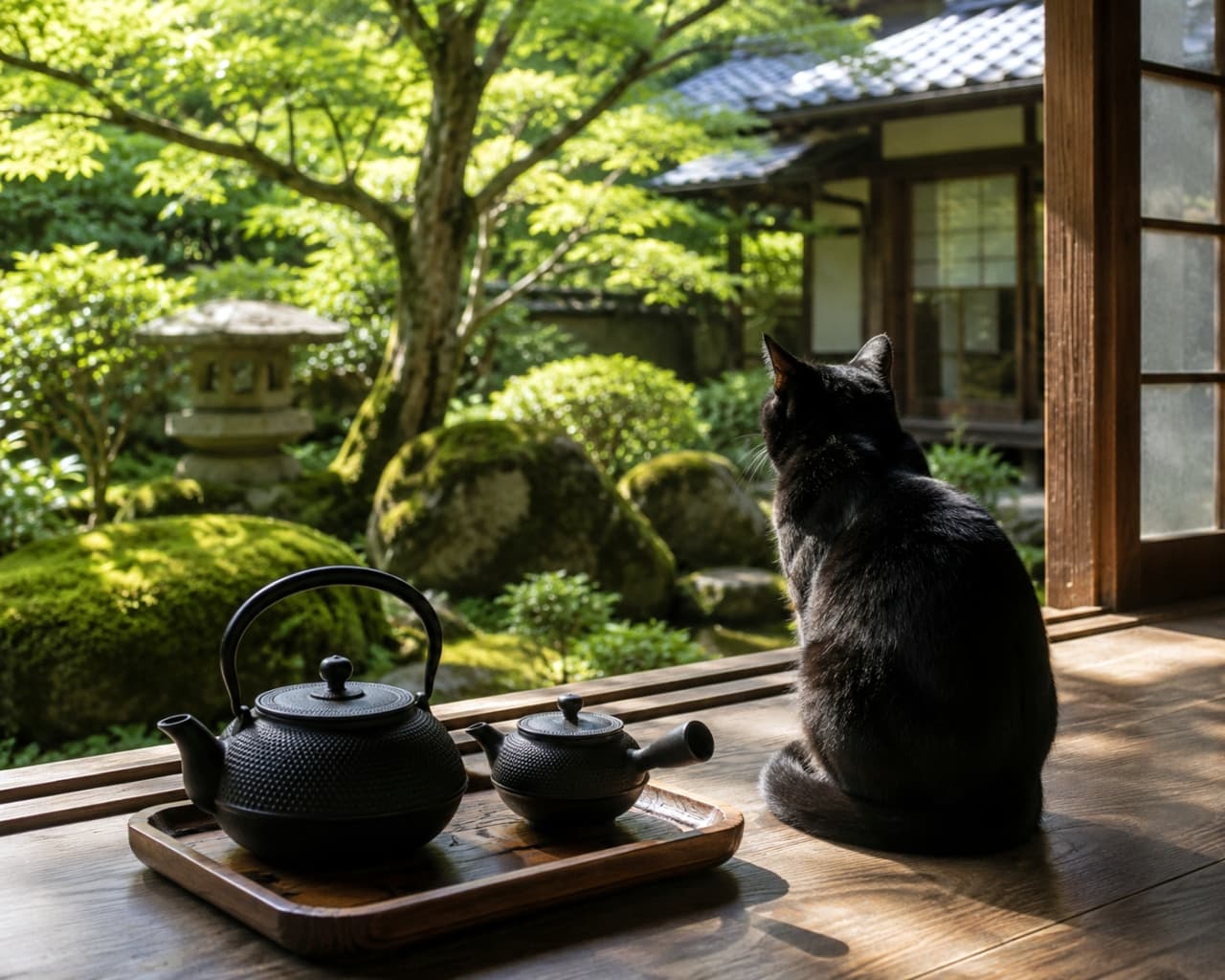 「眩しい新緑と黒猫のシルエット🌿🐈⬛ 縁側でのんびりと和の心を感じる、最高の癒やし空間です✨」Ultra-realistic high-quality photograph of a black cat sitting on an engawa (porch) looking at a lush green Japanese garden bathed in sunlight, with a black iron tea set on a wooden tray in the foreground. 木漏れ日が差し込む縁側に座り、緑豊かな日本庭園を眺めている黒猫の後ろ姿。手前には木製のお盆に乗った黒い鉄瓶の急須セットが置かれており、落ち着いた和の雰囲気が漂う