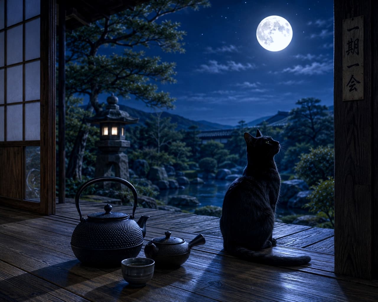 「今宵は月を眺めながら一杯…🌕 幻想的な夜の静寂を、ミステリアスな黒猫さんと共に。✨ #満月」Ultra-realistic high-quality photograph of a black cat silhouette sitting on a wooden veranda under a bright full moon in a Japanese garden, with an iron kettle and tea in the foreground. 満月が輝く夜の日本庭園。縁側に座る黒猫の後ろ姿と、手前に置かれた南部鉄器の茶器一式。幻想的な青い月光が庭園と黒猫を照らし出している