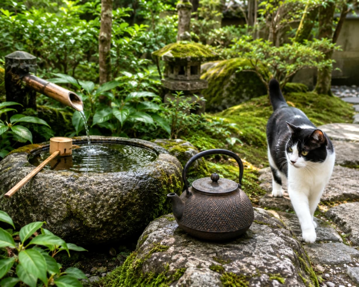 「お庭のパトロールも欠かせません🐾 苔の緑にハチワレ模様が映える、爽やかな朝のお散歩風景☀️🌿」Ultra-realistic high-quality photograph of a black and white cat walking across stone steps in a lush Japanese garden. A stone water basin (tsukubai) and an iron kettle are in the foreground, surrounded by moss and greenery. 日本庭園の石畳を歩く白黒のハチワレ猫。手前には水が流れるつくばいと鉄瓶があり、背景には緑豊かな苔や灯籠が見える、落ち着いた風景