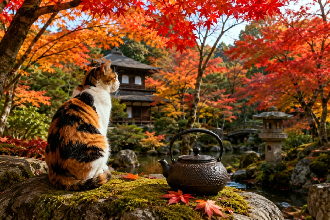 「紅葉に囲まれて、秋の美しさを堪能中。🍁 最高の癒やしをお届けするニャ🐾 #紅葉 #三毛猫」Ultra-realistic high-quality photograph of a calico cat sitting on a mossy rock in a traditional Japanese garden with vibrant red maple leaves and a black iron teapot. 鮮やかに色づいた紅葉の庭園で、苔むした岩の上に座る三毛猫。手前には南部鉄器の急須が置かれ、背景には池と伝統的な日本建築が美しく配置されている
