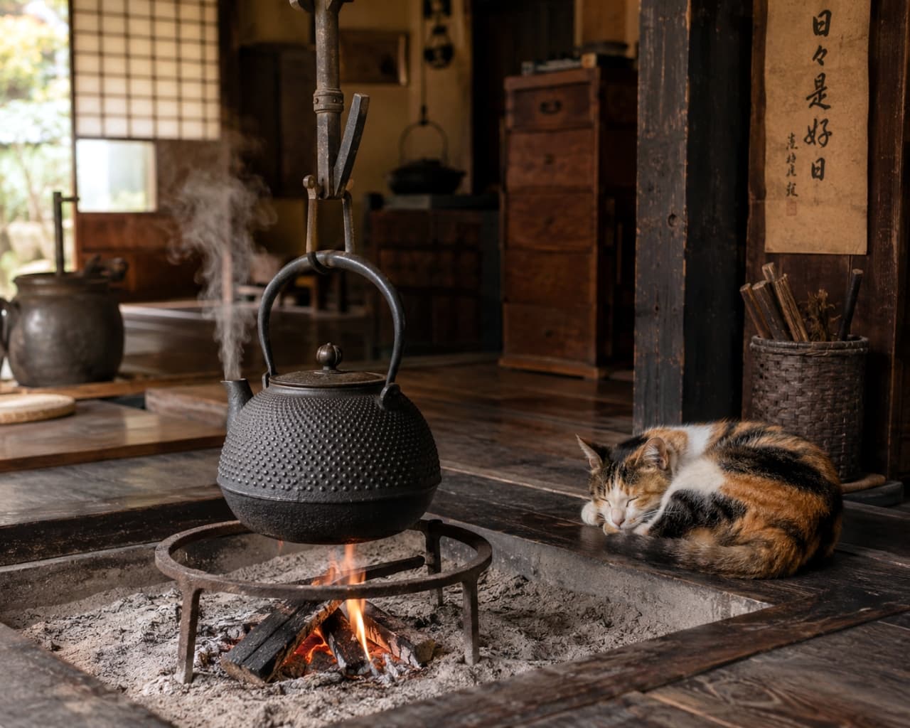 「囲炉裏のパチパチという音と猫の寝息が聞こえてきそう…🤤🐾 ノスタルジックな日本の冬の風景に心和みます🏠✨」Ultra-realistic high-quality photograph of a calico cat sleeping curled up by a traditional irori hearth in an old Japanese folk house, with an iron kettle suspended over the glowing charcoal fire. 趣のある古民家の囲炉裏のそばで、三毛猫が丸まって気持ちよさそうに眠っている写真。自在鉤には鉄瓶が吊るされ、炭火から立ち上る湯気が日本の原風景を感じさせる