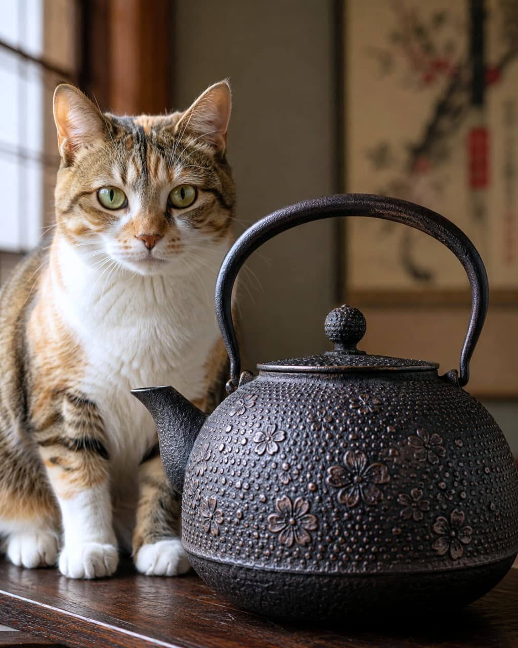 「鉄瓶とツーショット!📸 凛々しいお顔の猫様、もしかして看板猫さんかな?伝統美と猫のコラボです✨」Ultra-realistic high-quality photograph of a calico tabby cat sitting proudly next to a large iron kettle decorated with cherry blossom patterns. The cat is looking at the camera with clear eyes, lit by soft window light. 桜の模様が施された大きな鉄瓶の隣に座り、カメラをじっと見つめる三毛トラ猫。窓際の柔らかな光が猫の毛並みを際立たせ、背景にはぼかした和風の掛け軸
