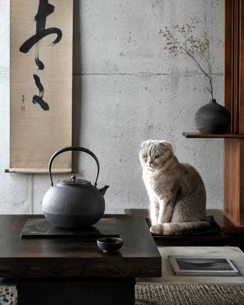 「凛とした空気が流れるモダンなお部屋。✨ 静かな時間も、猫がいればもっと特別になるニャ🐾 #和モダン」Ultra-realistic high-quality photograph of a grey cat sitting elegantly in a minimalist modern Japanese room with a concrete wall, a calligraphy scroll, and a black iron kettle. コンクリート壁と掛け軸のあるモダンな和室。テーブルに置かれた南部鉄器の横で、凛とした表情で座るスコティッシュフォールド。シンプルで洗練されたインテリア空間