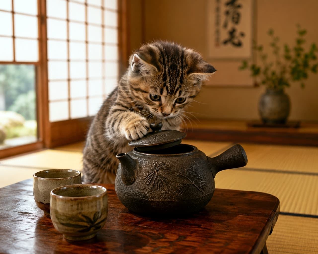 「「これニャに?」👀🍵 急須に興味津々な子猫ちゃんが可愛すぎる!和の心と猫のコラボに癒やされます✨」Ultra-realistic high-quality photograph of a curious tabby kitten putting its paw on the lid of an iron teapot on a tatami mat in a traditional Japanese room, with two teacups in the foreground and shoji screens in the background. 和室の畳の上で、キジトラの子猫が鉄瓶の蓋に前足をかけて覗き込んでいる様子。手前には和風の湯呑みが2つ置かれており、背景には障子や掛け軸が見えるリアルな高画質写真