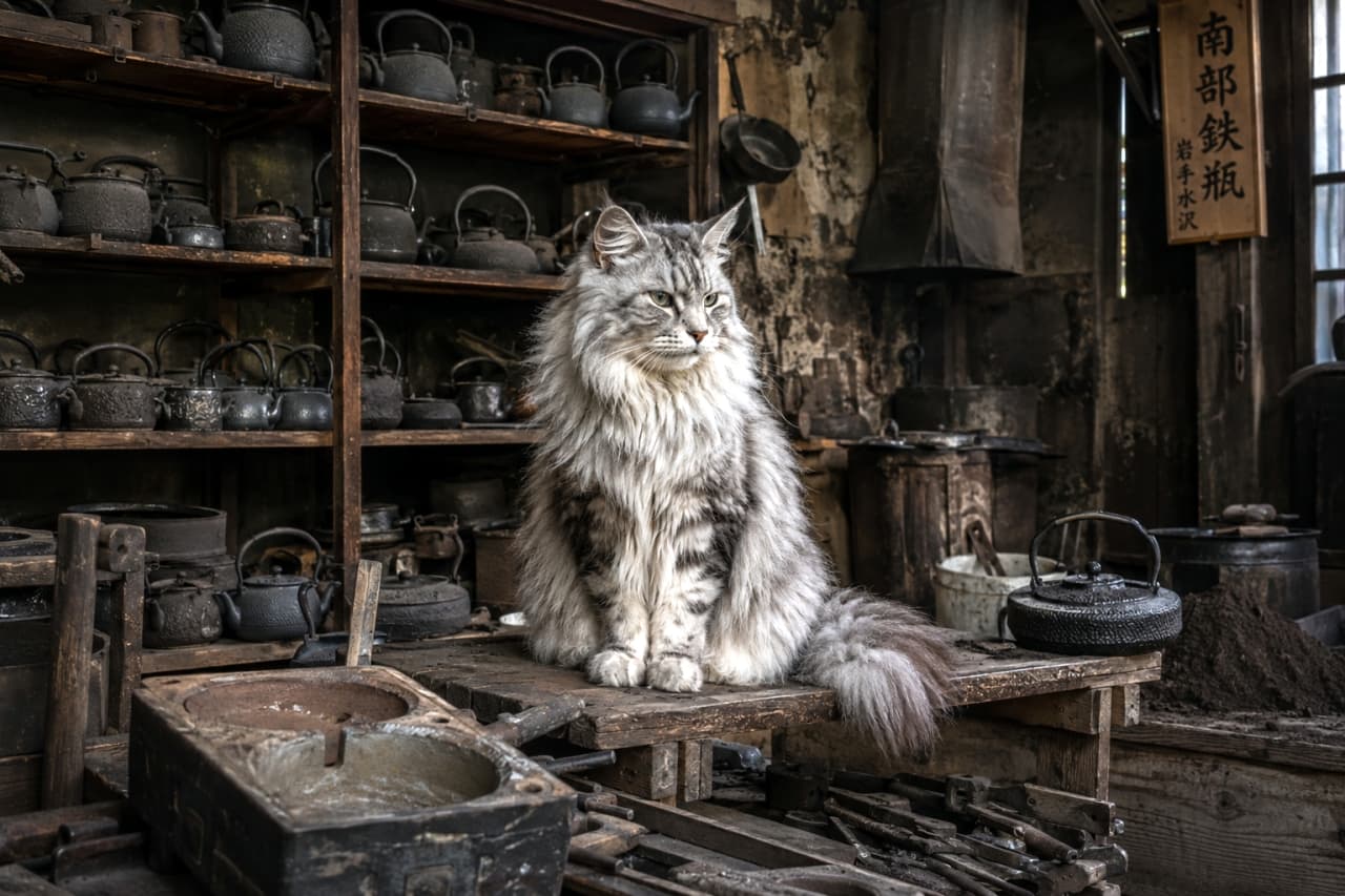 「鉄瓶工房の主人のような貫禄!😼✨ 古き良き日本の職人空間とモフモフ猫のギャップがたまりません💕」Ultra-realistic high-quality photograph of a fluffy silver tabby cat sitting majestically on a workbench in a traditional workshop lined with Nanbu iron kettles, surrounded by tools and molds. 南部鉄瓶がずらりと並ぶ歴史を感じさせる工房内で、作業台の上に堂々と座っている長毛種のシルバータビーの猫。周囲には鉄瓶を作るための道具や鋳型が置かれている高画質写真