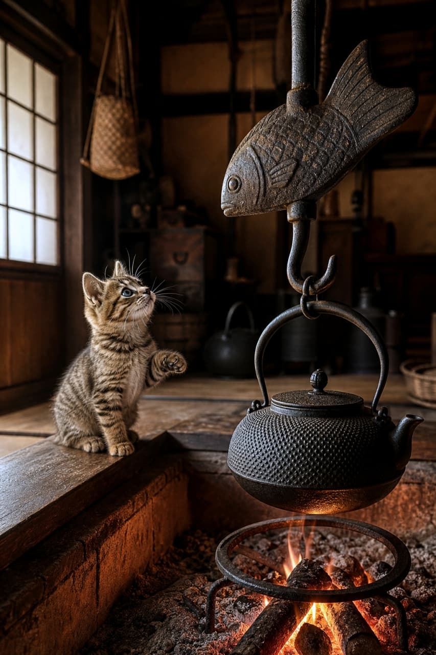 「囲炉裏でお魚(の形をした自在鉤)を発見!🐟✨「あれ、食べられるのかな?」と不思議そうな子猫に癒やされる〜🐾🔥」Inside a rustic Japanese farmhouse, a small tabby kitten sits on the dark wooden rim of a sunken irori hearth. The kitten looks up with wide, curious eyes and a slightly raised paw at a traditional fish-shaped wooden pothook (jizaikagi) that holds a heavy cast-iron Nambu tetsubin kettle over a glowing charcoal fire. The intense, warm firelight illuminates the kitten's soft fur and the intricate textures of the ironware in a cinematic style. 日本の古い民家の囲炉裏のそばで、木の縁に座る小さなトラ猫の子猫。炭火の上には自在鉤(じざいかぎ)に吊るされた南部鉄瓶があり、子猫はその魚の形をした横木を興味津々な様子でじっと見上げています。片足を少し上げ、今にも触れそうな好奇心あふれる表情を浮かべており、暖かい火の光が子猫の柔らかな毛並みと鉄器の重厚な質感を美しく照らし出しています