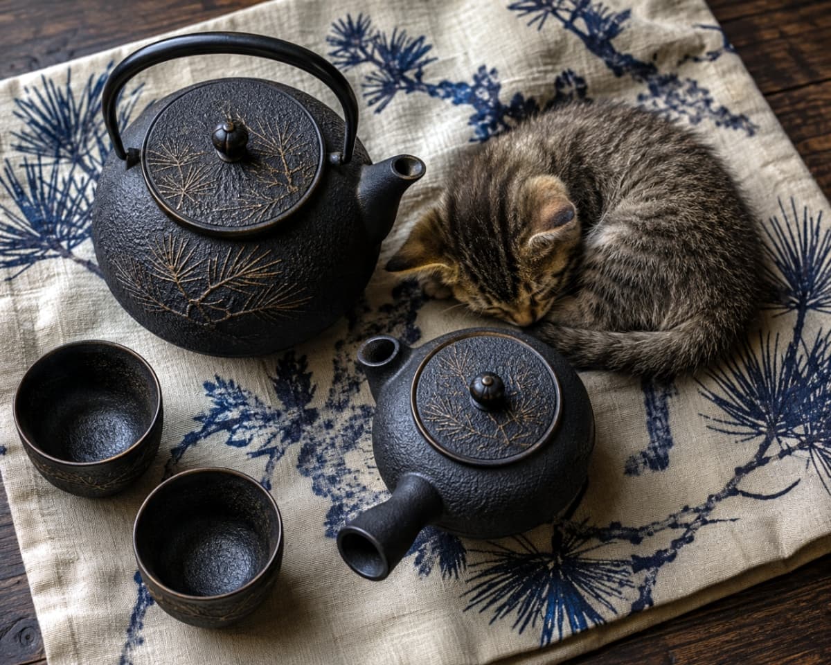 「南部鉄器の温もりを感じながらお昼寝中…💤 ほっこり癒やしのティータイムをあなたに🐈☕️」Ultra-realistic high-quality photograph of a small tabby kitten curled up and sleeping peacefully on a pine-patterned cloth next to a black Nanbu tetsubin iron teapot and cups. 松の紋様が施された藍色の布の上で、南部鉄器の急須と湯呑みの隣に丸まって眠るキジトラの子猫。伝統的な工芸品の重厚感と子猫の柔らかい毛並みの対比