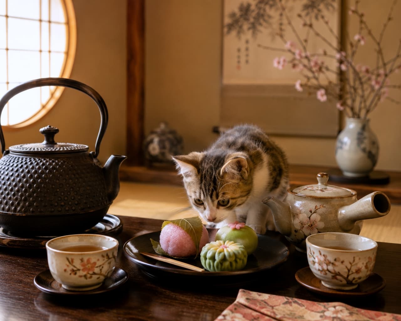 「クンクン…これは食べられるのかニャ?🌸 春の甘い香りに包まれて、幸せなティータイム🐈✨」Ultra-realistic high-quality photograph of a curious kitten sniffing colorful Japanese wagashi sweets on a dark table, with a black iron kettle and cherry blossoms in the background. 畳の部屋のテーブルで、お皿に乗った桜餅などの美しい和菓子を覗き込む子猫。傍らには南部鉄器と桜の生け花があり、春らしい柔らかな光に包まれている