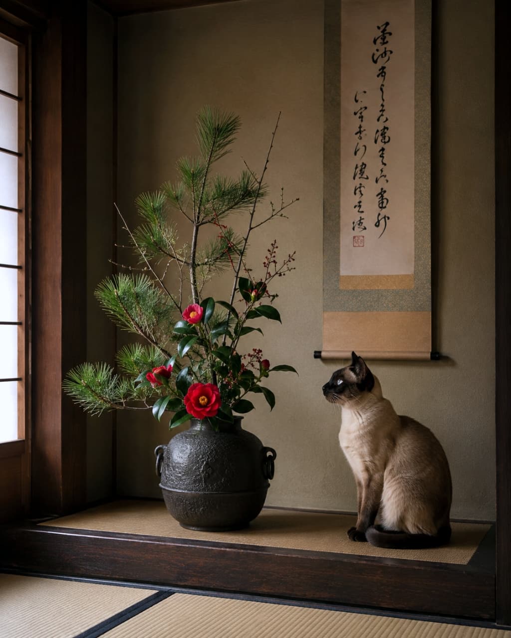 「お花が気になるシャム猫さん🌸 日本の美しさと猫のしなやかさ。ずっと見ていられる静かな時間✨🐈」Ultra-realistic high-quality photograph of a Siamese cat sitting in a tokonoma (alcove), admiring a flower arrangement of pine and red camellia. A traditional scroll hangs on the wall, creating a serene Japanese setting. 床の間に置かれた松と赤い椿の生け花をじっと見つめるシャム猫。横には掛け軸があり、日本の静かな正月や冬の装いを感じさせる厳かな空間