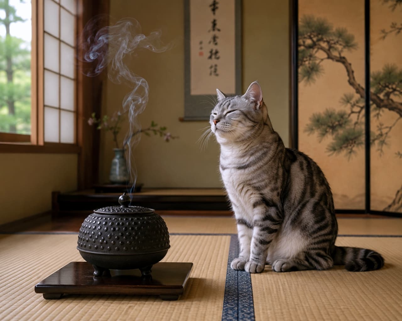 「ふぅ〜、いい香り。猫様も一緒にマインドフルネス?🧘♀️銀トラちゃんの凛とした姿に癒されます✨」Ultra-realistic high-quality photograph of a silver tabby cat sitting on a tatami mat with its eyes closed, appearing to enjoy the smoke from a traditional incense burner. The background features a classic Japanese room with shoji screens. 畳の部屋で香炉から立ち上る煙を前に、目を閉じてリラックスする銀トラ猫。背景には障子や掛け軸があり、日本の伝統的な和室の風景