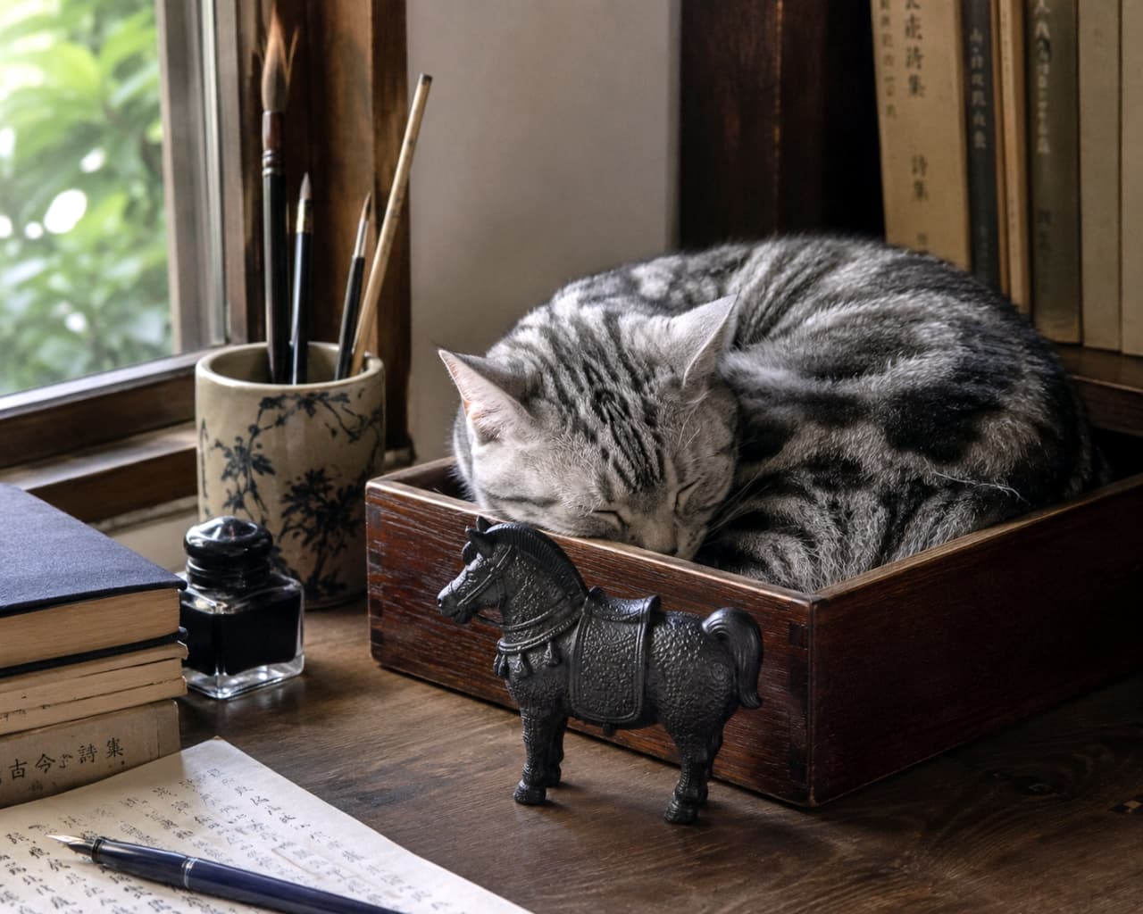 「ここが一番落ち着くの。💤 ちょうどいい箱を見つけて夢の中。起こさないように、そーっとね🤫🐾」Ultra-realistic high-quality photograph of a silver tabby cat sleeping curled up inside a wooden box on a desk. Surrounded by old books, a fountain pen, ink, and a horse figurine, capturing a studious and peaceful mood. 木製の箱の中で丸くなって眠る銀トラ猫。デスクの上には古書、万年筆、インク瓶、馬の置物が並び、落ち着いた知的な雰囲気の書斎風景