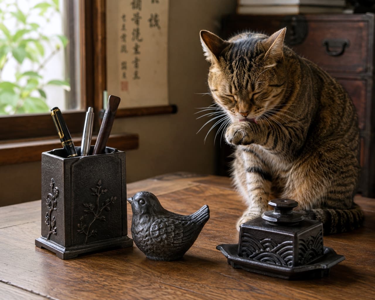 「お仕事の邪魔はしないでね?🐾 デスクの上でお手入れ中のキジトラちゃんが可愛すぎる!🐱💻」Ultra-realistic high-quality photograph of a brown tabby cat grooming its paw on an antique wooden desk. Nearby are calligraphy pens and a bird-shaped figurine, captured in soft natural window light. アンティーク調の木製デスクの上で、前足を丁寧に舐めて毛づくろいをするキジトラ猫。デスクには筆立てや小鳥の置物が並び、窓からの柔らかな光が差し込む