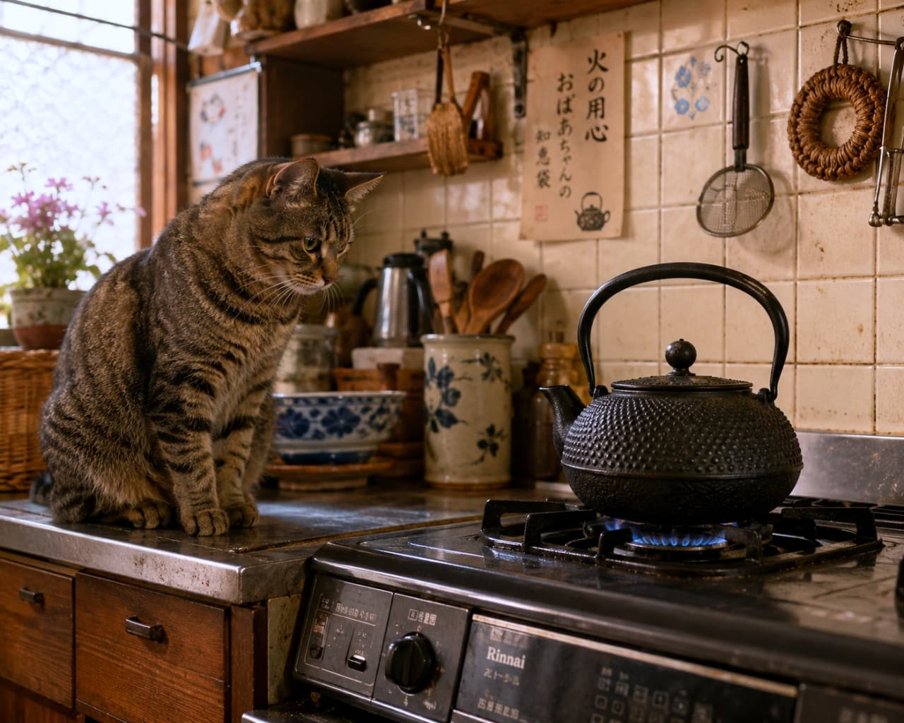 「「今日のご飯は何かな?」台所の主役はボクなんだニャ!🍳✨ 懐かしい香りに包まれて🐈🐾」Ultra-realistic high-quality photograph of a brown tabby cat sitting on a stainless steel counter, intently watching a black iron kettle on a gas stove in a nostalgic Japanese kitchen. 昭和レトロな雰囲気の台所で、ガスコンロの上の南部鉄器を見つめるキジトラ猫。背景にはタイル壁や古いキッチン用品が並び、ノスタルジックな光が差し込んでいる