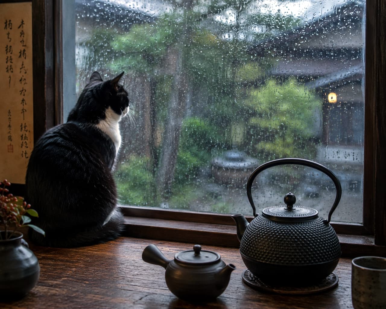 「雨の日は、静かな和室で猫と一緒に雨音を楽しんで。心落ち着く、至福のひととき。🍵🐈⬛✨」Ultra-realistic high-quality photograph of a black and white tuxedo cat looking out a rain-streaked window from behind. A traditional Japanese iron kettle and teapot are in the foreground on a wooden desk, creating a serene wabi-sabi atmosphere. 雨が降る窓の外を見つめる白黒のタキシード猫の後ろ姿。手前の木製カウンターには南部鉄器の鉄瓶と急須が置かれ、和モダンで静かな雨の日の室内風景