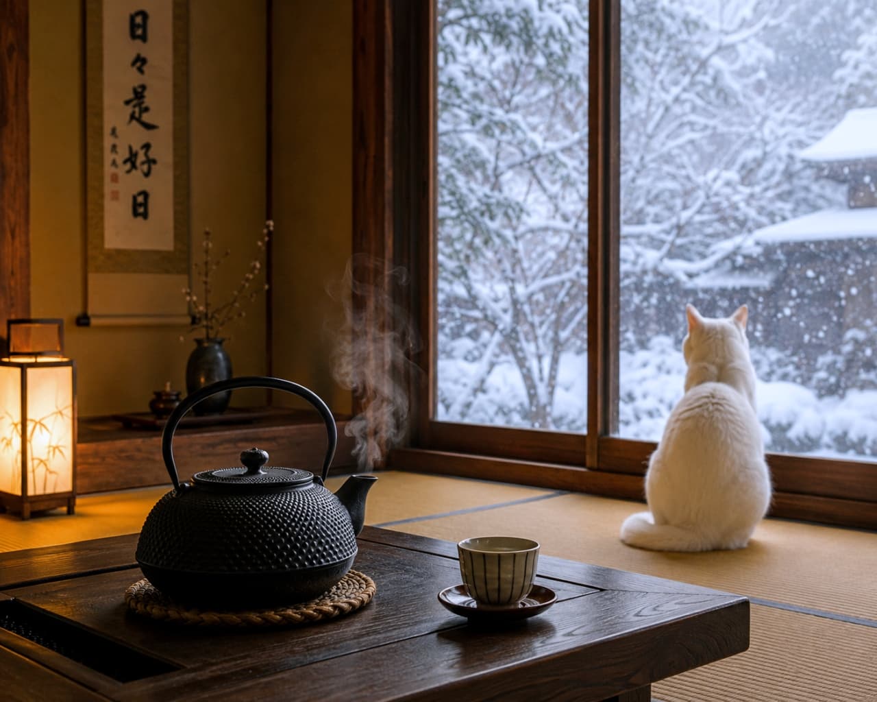 「雪景色と白猫の美しい後ろ姿❄️🐾 温かいお茶を飲みながら、静かに流れる時間を一緒に楽しみたくなりますね🍵」Ultra-realistic high-quality photograph of a white cat viewed from behind, looking out at a snowy landscape from a traditional Japanese room, with a steaming iron teapot and a teacup on a table in the foreground. 障子が開かれた和室から、一匹の白猫が外の雪景色を静かに見つめている後ろ姿。手前のテーブルには湯気が立つ鉄瓶と湯呑みが置かれ、静寂と趣を感じさせるリアルな高画質写真