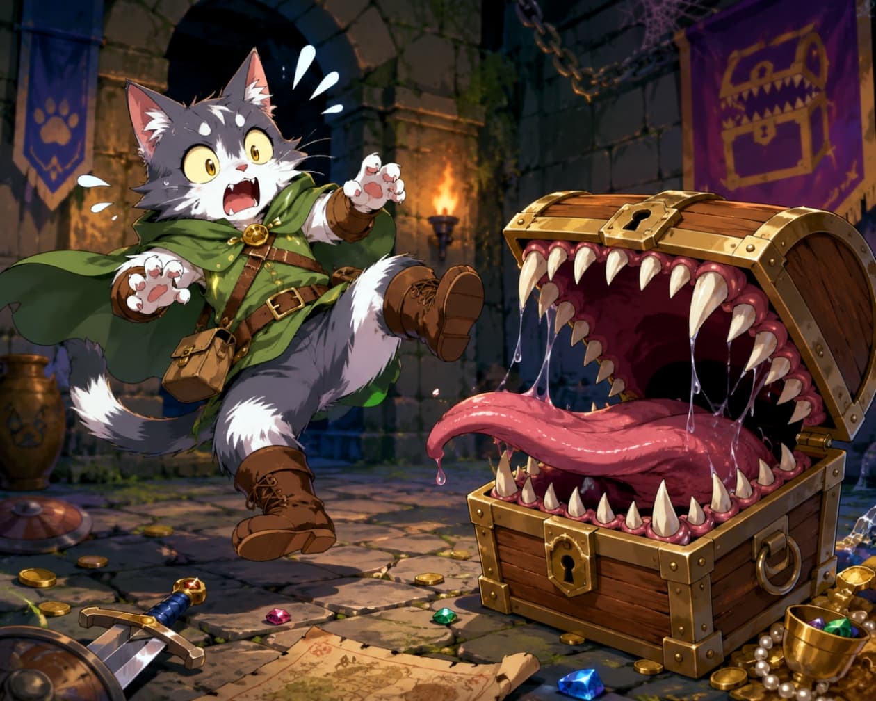 「お宝だと思ったら…大ピンチ🙀💦 冒険者ニャンコの運命はいかに！？⚔️✨」An ultra-realistic high-quality artwork of a tuxedo cat dressed as an adventurer jumping back in surprise from a mimic treasure chest monster in a dungeon. ダンジョンで宝箱のモンスター（ミミック）に襲われ、驚いて飛び退く冒険者姿のハチワレ猫のアニメ調イラスト。マントと装備、開いた口の牙や舌がリアルに描かれています