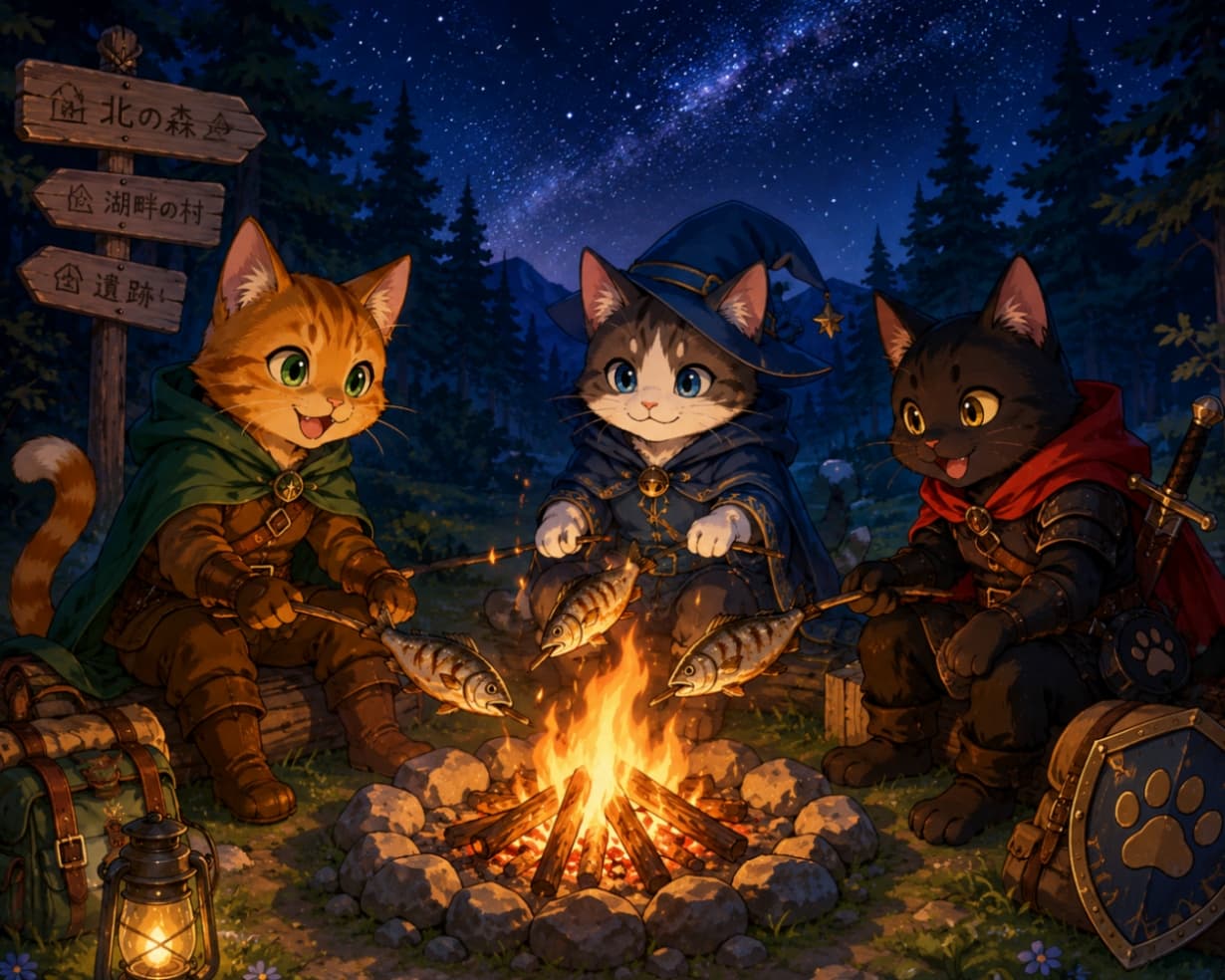 「満天の星空の下、みんなで食べる焼き魚は最高にゃ🐟🔥 明日の冒険に備えて、しっかりスタミナ補給！🏕️✨ #猫RPG」Ultra-realistic high-quality image of three cat adventurers (an orange tabby, a wizard, and a black knight) sitting around a campfire roasting fish in a night forest under a starry sky. 美しい星空が広がる夜の森で、焚き火を囲みながら魚を焼いて休憩する3匹の猫の冒険者たち（茶トラ、魔法使い、黒猫騎士）。ファンタジーRPGのキャンプシーンを描いた高品質な画像