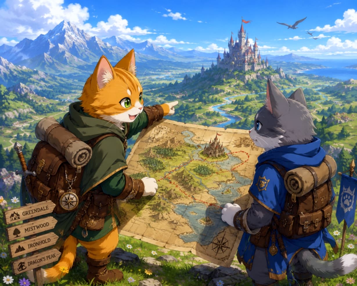 「「次なる目的地はあのお城にゃ！」🗺️🐾 2匹の冒険者が思い描く、ワクワクが止まらない新しい旅の始まり✨ #猫RPG」Ultra-realistic high-quality image of an orange tabby and a grey-and-white cat adventurer looking at an old map on a hill, pointing towards a magnificent castle in the distance. 丘の上で古い地図を広げ、遠くに見える壮大な城を指さす茶トラ猫と灰白猫の冒険者。広大なファンタジー世界への旅立ちを描いた高品質な画像