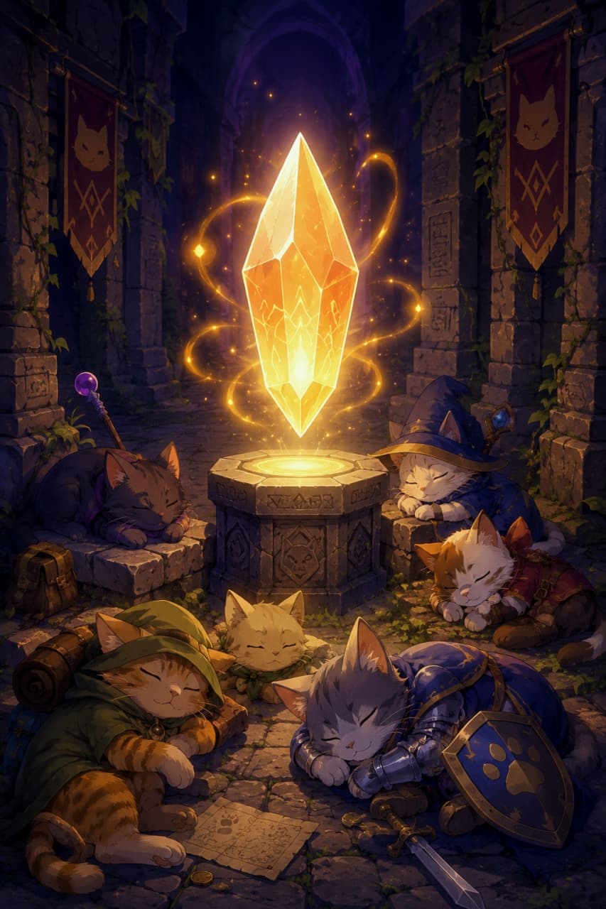 「冒険の合間のひととき。🌙✨ 魔法の光に包まれて、みんなでいい夢見てるみたい。おやすみなさい…💤🐈」Ultra-realistic high-quality photograph of a group of cat adventurers (mage, knight, rogue) sleeping peacefully around a large glowing orange crystal in a mystical dungeon ruin. ダンジョンの中心にある光り輝くオレンジ色の魔石の周りで、魔法使い、騎士、盗賊などの格好をした猫たちが仲良く眠っている様子。神秘的な光と静寂が包む幻想的な世界観