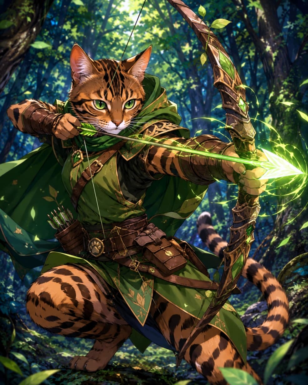 「狙った獲物は逃さないニャ！🏹🍃 森の平和を守るベンガル猫の弓士。光る魔法の矢がとってもカッコイイ！✨」Ultra-realistic high-quality fantasy illustration of a Bengal cat ranger drawing a bow with a glowing green magic arrow in a deep forest. Wearing a green cloak and leather armor with a sharp, focused gaze. 緑深い森の中で、緑色の魔法の光を放つ矢をつがえて弓を引くベンガル猫のレンジャー。緑色のマントと革の防具を身につけ、鋭い視線で狙いを定める、躍動感あふれる高画質ファンタジーイラスト