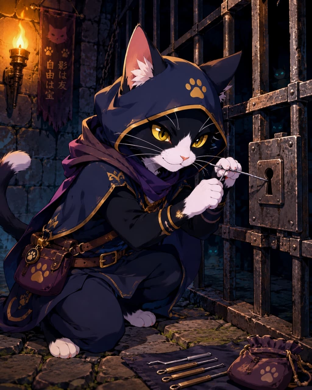 「どんな鍵でもお任せあれニャ🗝️✨ 薄暗いダンジョンでこっそりお仕事中の、クールなハチワレ猫盗賊！🐈‍⬛」Ultra-realistic high-quality fantasy illustration of a black-and-white cat thief in a dark hooded cloak, picking the lock of an iron dungeon gate. Lit by dramatic torchlight in a dim stone prison. 薄暗い石造りの地下牢で、フード付きの黒いマントを着たハチワレ猫（黒白猫）の盗賊が、真剣な表情で鉄格子の鍵を開けようとしている様子。松明の光が照らす高画質でドラマチックなファンタジーイラスト