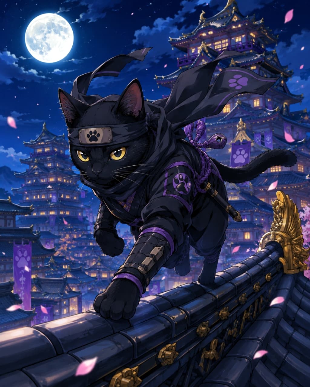 「月夜を駆ける黒い影…参上！にゃん！🌙🥷 クールすぎる黒猫忍者の華麗な身のこなしに惚れぼれ🐾🌸 #忍者猫 #黒猫」Ultra-realistic high-quality photograph of a cool black ninja cat in a shinobi outfit running across a tiled roof at night, with a brightly lit traditional Japanese castle, a full moon, and cherry blossom petals in the background. 大きな満月が輝く夜、ライトアップされた日本の城下町を背景に、屋根の上を疾走する黒猫の忍者。肉球マークの額当てと忍び装束をまとい、桜の花びらが舞う幻想的でクールな構図