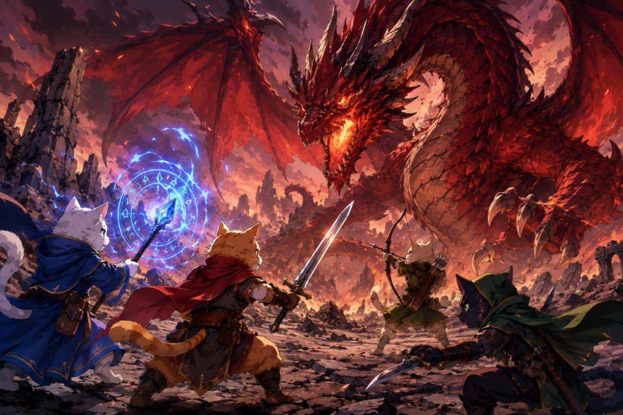「いざ、強敵に挑むにゃ！🔥⚔️ 魔法と剣で巨大ドラゴンに立ち向かう猫の勇者たち！勝負の行方は…！？🐉🐾 #RPG #猫勇者」Ultra-realistic high-quality photograph of four brave cat adventurers in RPG classes (mage, swordsman, archer, rogue) battling a massive, fiery red dragon in a desolate, apocalyptic landscape. 荒涼とした大地で、炎を吐く巨大な赤いドラゴンに立ち向かう4匹の猫の冒険者たち。魔法使い、剣士、弓使い、盗賊の装備をまとった猫たちが、ダイナミックなアクションを見せる大迫力の戦闘シーン