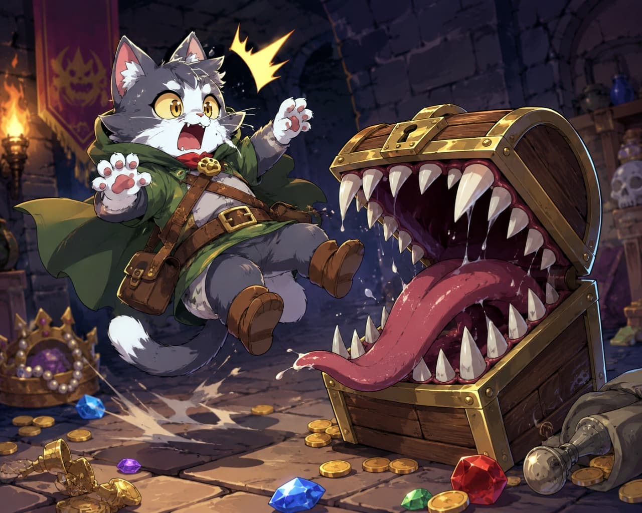 「あぶなーい！💥 宝箱の罠に引っかかっちゃったドジっ子冒険者ニャンコ🐾💎」An ultra-realistic high-quality illustration of a tuxedo cat adventurer dodging a mimic trap in a stone dungeon, with gold coins and gems scattered around. 石造りのダンジョンで、巨大な牙と舌を持つミミックから間一髪で逃れようとする冒険者装備のハチワレ猫のイラスト。周囲には散らばった金貨や宝石が描かれています