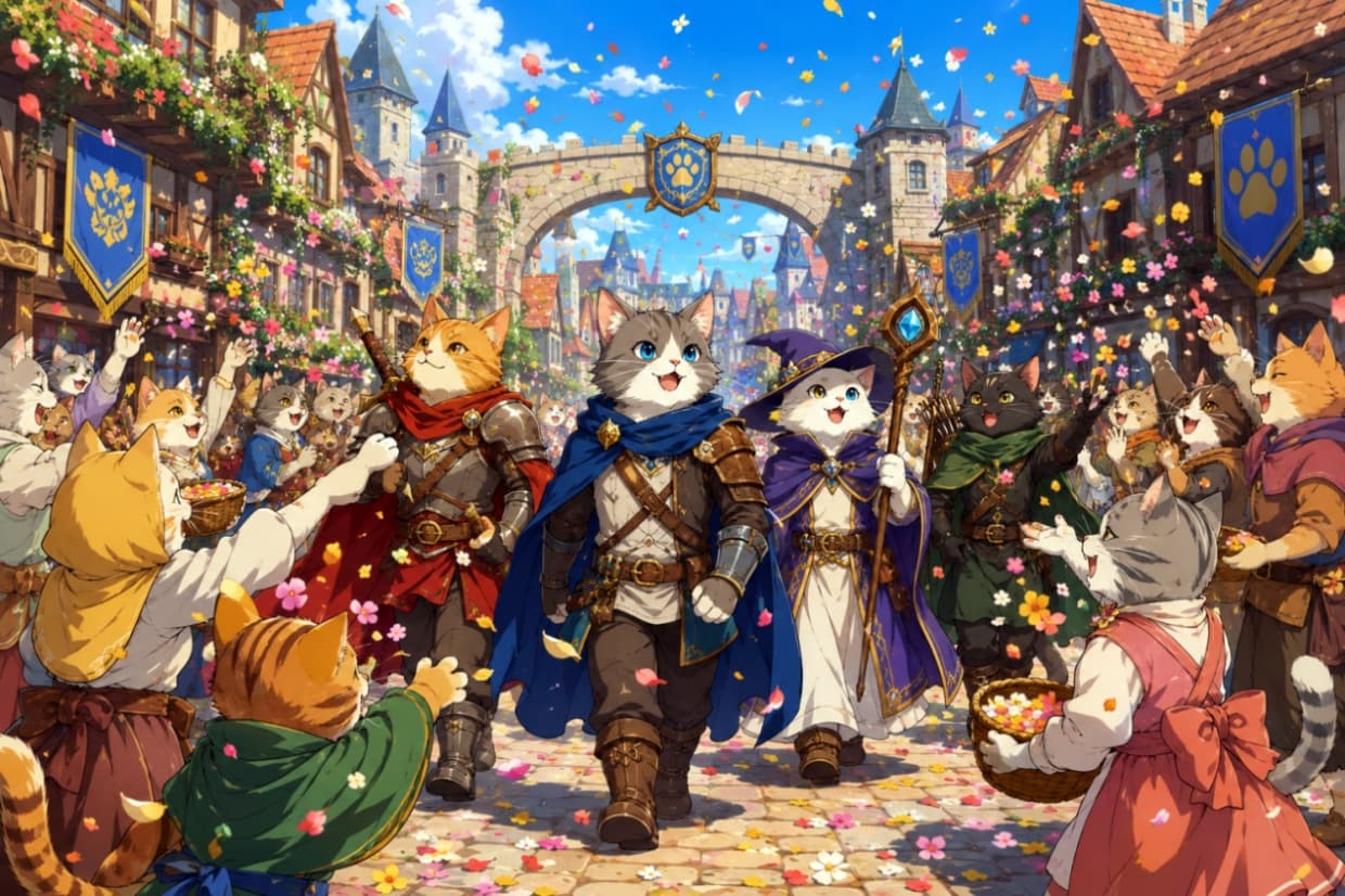 「みんな、応援ありがとうニャー！🎊✨ 冒険を終えた英雄たちの凱旋パレード！街中が笑顔と紙吹雪に包まれるハッピーエンド！💐🏰」Ultra-realistic high-quality illustration of a triumphant party of cat heroes walking in a victory parade through a medieval-style town. Colorful confetti falls as happy cat townspeople cheer them on under a blue sky. お城がそびえる中世ヨーロッパ風の街並みで、紙吹雪が舞う中を凱旋パレードする猫の冒険者パーティ。沿道の猫の町民たちから歓声を浴びて笑顔で歩く、明るくハッピーな高画質イラスト