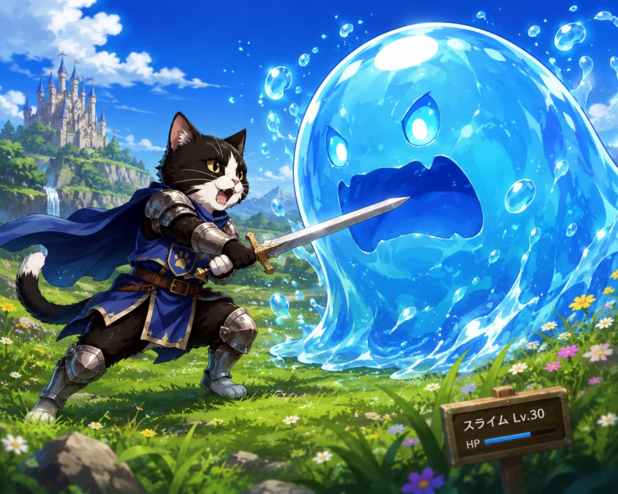 「いざ勝負にゃ！🐱⚔️ 最初の強敵、巨大スライムに立ち向かう勇敢な猫騎士さま✨ 応援よろしくね！ #猫RPG」Ultra-realistic high-quality image of a tuxedo cat knight in a blue cape fighting a giant blue slime with a sword in a grassy field, depicting a fantasy RPG battle scene. 青空と草原を背景に、剣を構えて巨大な水色のスライムと戦う青いマントを羽織ったハチワレ猫の騎士。ファンタジーRPGの戦闘シーンを描いた高品質な画像
