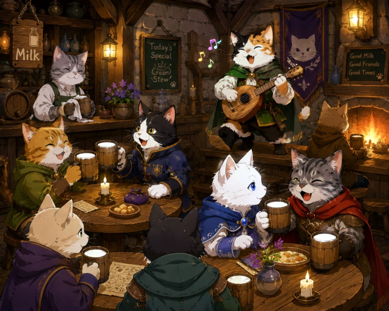 「冒険の後は冷たいミルクで乾杯にゃ〜！🥛🎶 音楽と笑い声が絶えない、猫たちの憩いの酒場へようこそ🐈✨ #猫RPG」Ultra-realistic high-quality image of various cat adventurers in different classes drinking and chatting in a warm, wooden fantasy tavern, with one playing a lute. 木組みの温かみのある酒場で、ジョッキを片手に談笑したり、リュートを弾き語りする様々な職業の猫の冒険者たち。ファンタジーRPGの酒場シーンを描いた高品質な画像