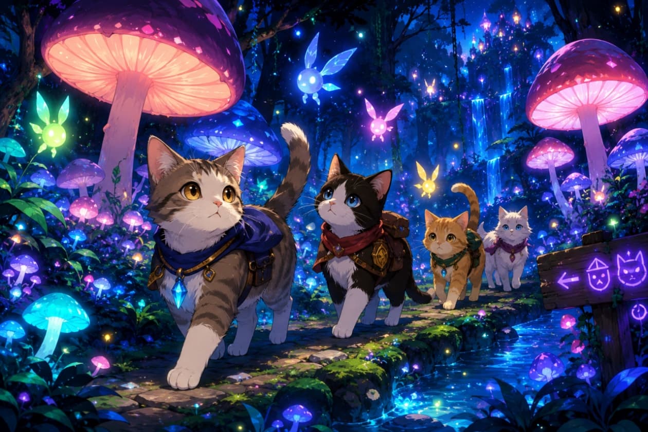 「いざ魔法の森へ！✨ 個性豊かなニャンコパーティのワクワク大冒険が始まる🐾🔮」An ultra-realistic high-quality illustration of a tuxedo cat adventurer dodging a mimic trap in a stone dungeon, with gold coins and gems scattered around. 石造りのダンジョンで、巨大な牙と舌を持つミミックから間一髪で逃れようとする冒険者装備のハチワレ猫のイラスト。周囲には散らばった金貨や宝石が描かれています