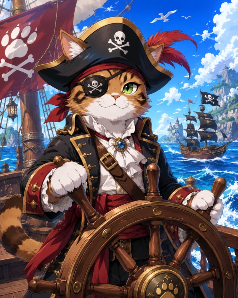 「野郎ども、面舵いっぱいにゃ！🏴‍☠️🌊 イケメンすぎる猫の海賊船長と、大いなる海の冒険へ出発！⚓️😸 #海賊猫 #キャプテン」Ultra-realistic high-quality photograph of a handsome cat pirate captain wearing an eyepatch, tricorn hat, and luxurious coat, confidently steering the wheel of a pirate ship under a bright blue sky and ocean. 青空の下、海賊船の舵を握る凛々しい猫のキャプテン。眼帯と海賊帽、豪華な衣装を身にまとい、自信に満ちた表情をしている。背景には青い海、別の海賊船、そして遠くの島が見える