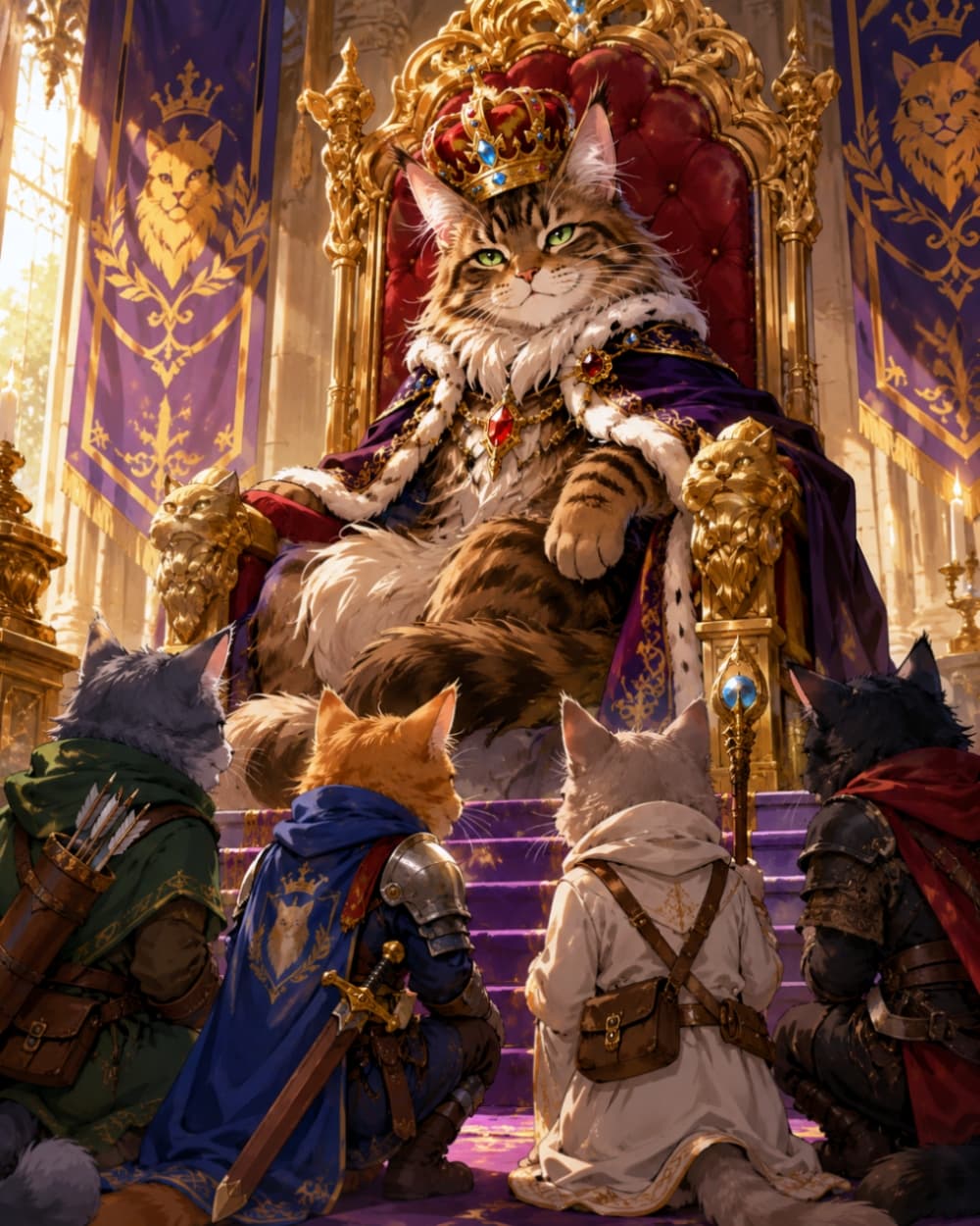 「王の御前にゃ！👑✨ 威厳たっぷりの猫王様と、忠誠を誓う騎士たちのファンタジーな一枚⚔️🐱 #猫の王様 #ファンタジー」Ultra-realistic high-quality photograph of a majestic cat king wearing a crown and royal mantle sitting on a golden throne, with four armored cat knights kneeling in loyalty before him in a grand hall. 黄金に輝く豪華な王座に座る、王冠とマントを身につけた威厳ある大きな猫の王様。手前には、マントや鎧を着た4匹の猫の騎士たちが忠誠を誓うようにひざまずいている、ファンタジー風の高品質なイラスト