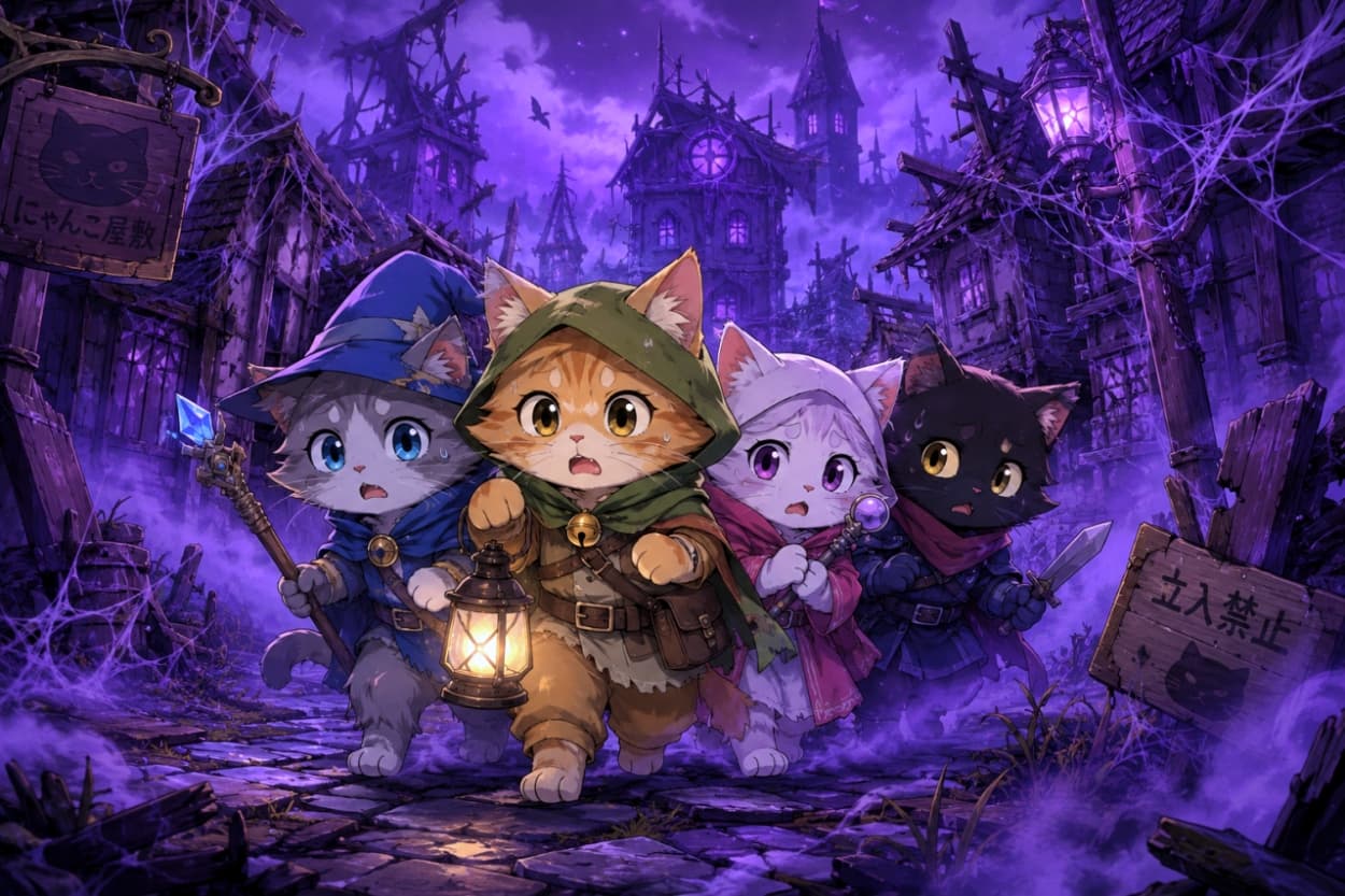 「「にゃ、にゃにか出そう…！」👻 勇気を出して不気味な村を探索する猫パーティ。みんなでくっついて進めば怖くない！？🐈‍⬛💦」Ultra-realistic high-quality illustration of four scared cat adventurers holding a lantern, walking through a spooky, abandoned village enveloped in a purple mist. A dark fantasy scene with a Halloween vibe. 紫色の霧が立ち込める不気味な廃村を、ランタンの光を頼りに怯えた表情で進む4匹の猫の冒険者（戦士、魔法使いなど）。ハロウィンを思わせるダークファンタジー風の高画質イラスト