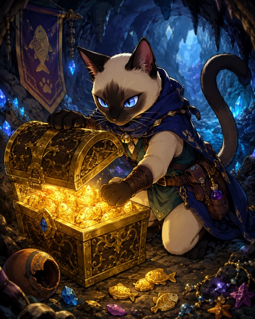 「やったにゃ！伝説のお宝を発見！？👀✨ 宝箱の中身は…なんと全部お魚の金貨だったにゃ〜！💰🐟 #猫RPG」Ultra-realistic high-quality image of a Siamese cat thief opening a golden treasure chest glowing and overflowing with fish-shaped gold coins in a dark cave with blue crystals. 青いクリスタルが輝く薄暗い洞窟の中で、魚の形をした金貨が溢れる黄金の宝箱をこっそり開けるシャム猫の盗賊。ファンタジーRPGのダンジョン探索シーンを描いた高品質な画像