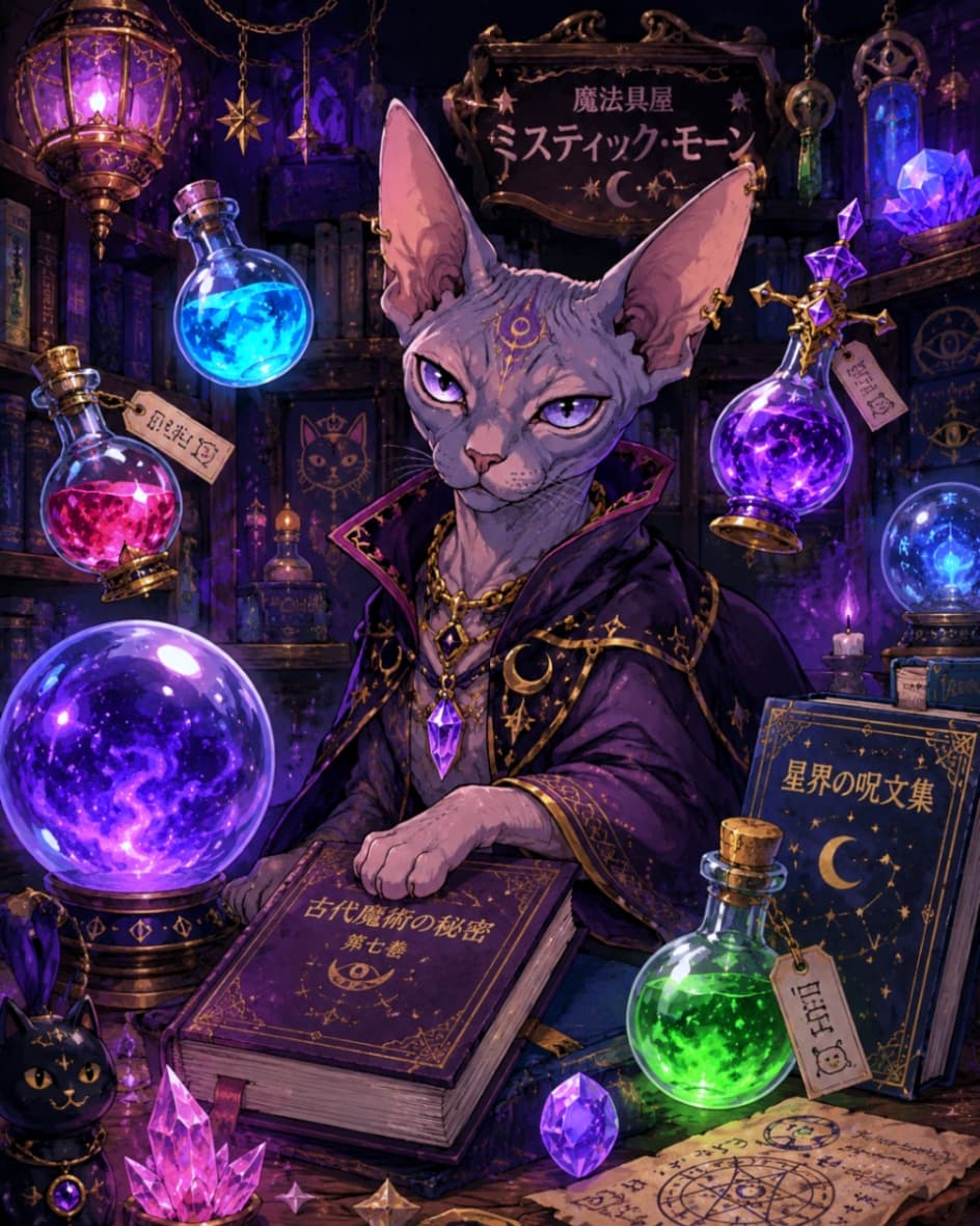 「「お探しの魔法具はこれかにゃ？」🔮✨ ミステリアスなスフィンクス猫の魔法アイテム屋さんへようこそ🌙🐈‍⬛ #魔法使い #スフィンクス猫」Ultra-realistic high-quality photograph of a mysterious Sphynx cat shopkeeper wearing a purple robe in a dimly lit magic shop, surrounded by glowing potion bottles, crystal balls, and ancient spellbooks. 薄暗く神秘的な魔法具屋の店内にいる、紫色のローブを着たスフィンクス猫の店主。周囲には光る魔法薬の小瓶、水晶玉、魔術書などが所狭しと並び、ミステリアスな雰囲気を醸し出している