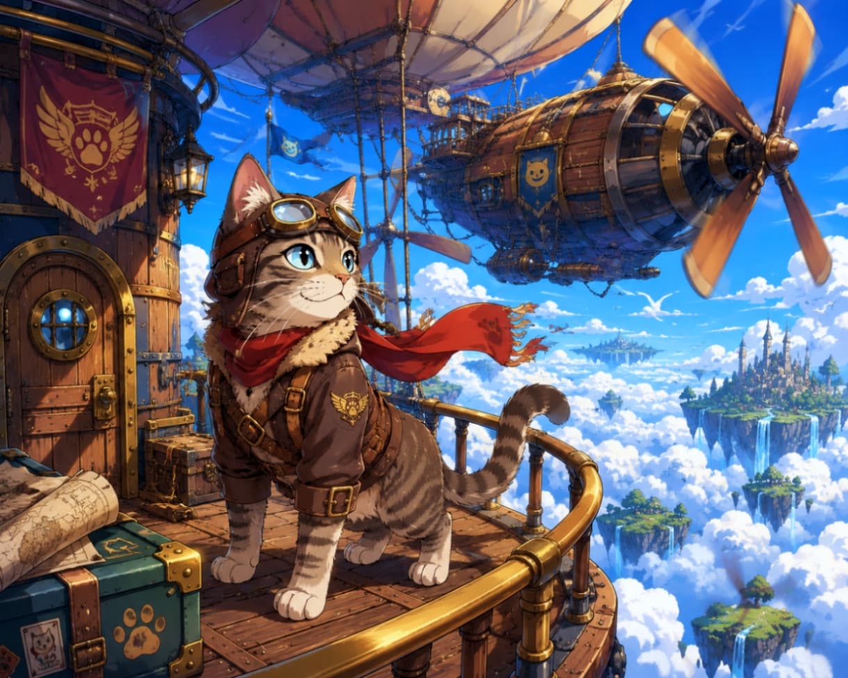 「赤いマフラーが風に舞う！🧣✨ 空の旅をナビゲートしてくれる頼もしいキジトラ猫くんと、雲の上の大冒険へ！☁️」Ultra-realistic high-quality artwork of a tabby cat aviator wearing a flight cap, goggles, and a leather jacket with a red scarf blowing in the wind on an airship deck. The background shows a sea of clouds, another blimp, and floating islands. 飛行船の甲板で赤いマフラーを風になびかせる、ゴーグル付きの飛行帽と革ジャンを着たキジトラ猫。背景には青空と雲海、そして遠くに別の気球型飛行船と浮遊島が見える、美しく精細なファンタジーアート